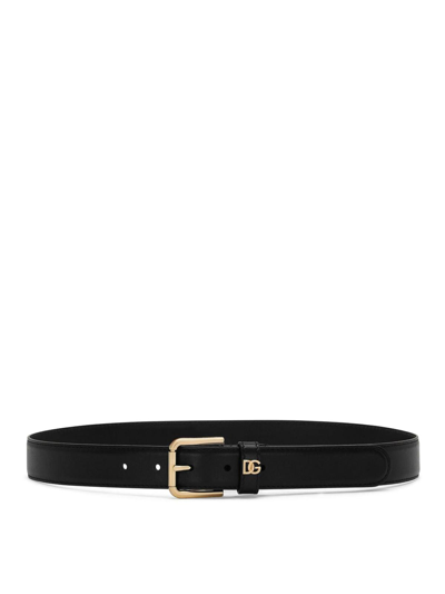 Dolce & Gabbana Dg-plaque Leather Belt In Black