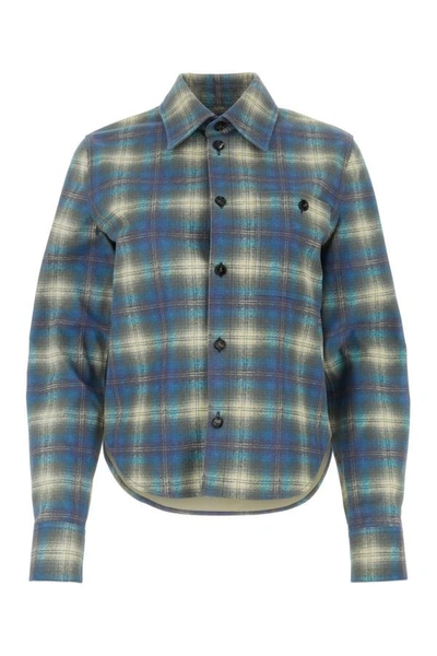 Bottega Veneta Flannel Check Printed Button-front Leather Shirt In Multi-light Blue