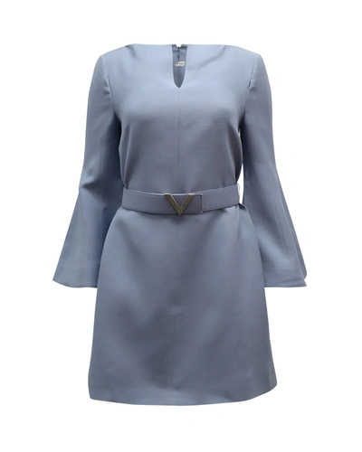 Valentino Crystal-embellished Belted Mini Dress In Light Blue Wool