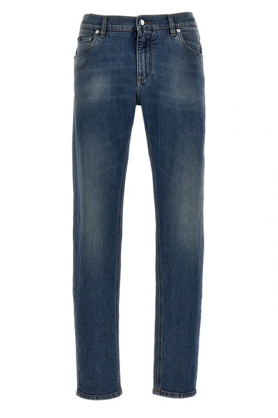 Dolce & Gabbana Stretch Skinny Jeans With Printed Cotton Details In Blue