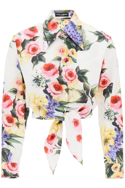 Dolce & Gabbana Floral-print Cotton Cropped Shirt In White