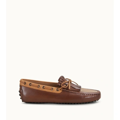 Tod's Gommino Driving Shoes In Leather And Canvas In Brown