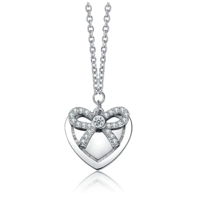 Rachel Glauber Chic White Gold Plated Tie Ribbon On Heart Shaped Pendant In Silver