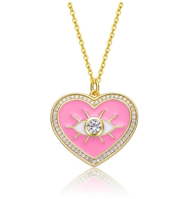 Rachel Glauber Young Adults/teens 14k Yellow Gold Plated With Clear Cubic Zirconia Pink Enamel Heart Pendant