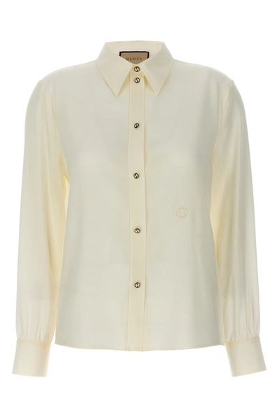 Gucci Women Crêpe De Chine Shirt With Logo Embroidery In White