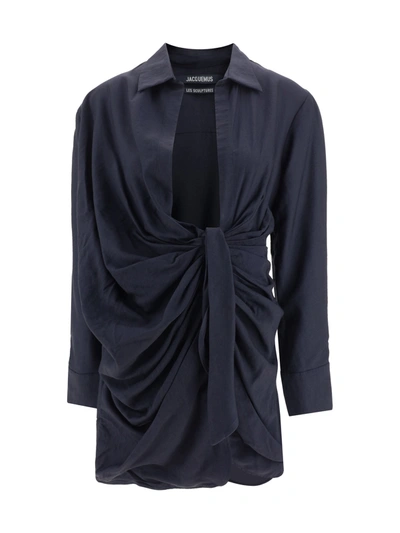 Jacquemus Bahia Draped Mini Shirt Dress In Blue