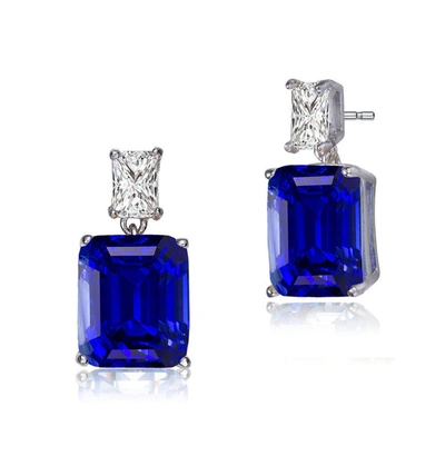 Rachel Glauber White Gold Plated With Colored Cubic Zirconia Rectangle Stud Earrings In Blue