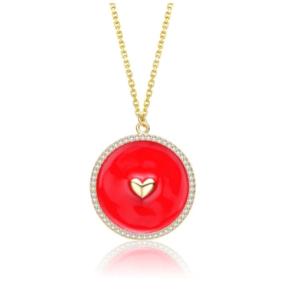 Rachel Glauber 14k Yellow Gold Plated With Clear Cubic Zirconia And Colored Enamel Round Pendant In Red
