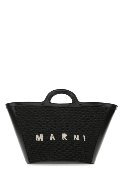 MARNI MARNI WOMAN BLACK LEATHER AND RAFFIA SMALL TROPICALIA SUMMER HANDBAG