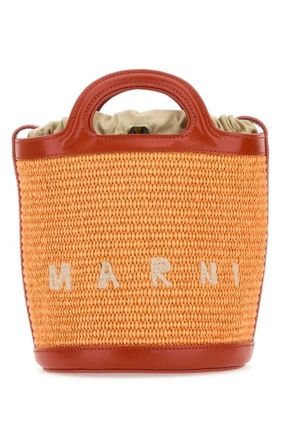 Marni Woman Two-tone Leather And Raffia Tropicalia Bucket Bag In Multicolor