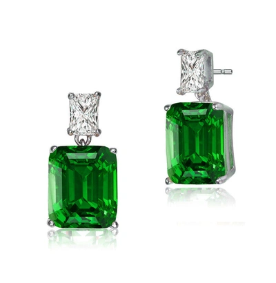 Rachel Glauber White Gold Plated With Colored Cubic Zirconia Rectangle Stud Earrings In Green