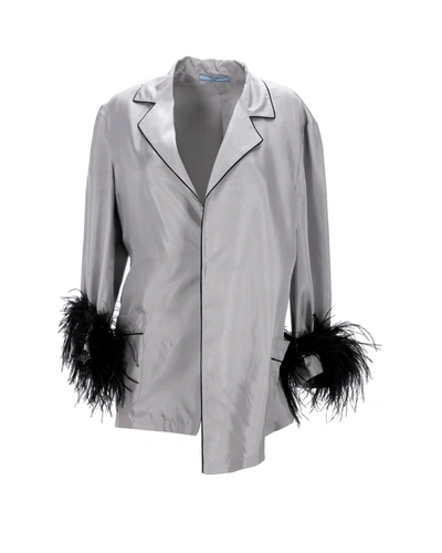 Prada Feather Cuff Blazer Jacket In Grey Silk