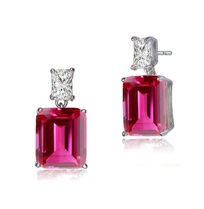 Rachel Glauber White Gold Plated With Colored Cubic Zirconia Rectangle Stud Earrings In Red
