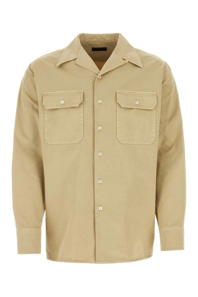 Prada Man Beige Cotton Shirt In Brown