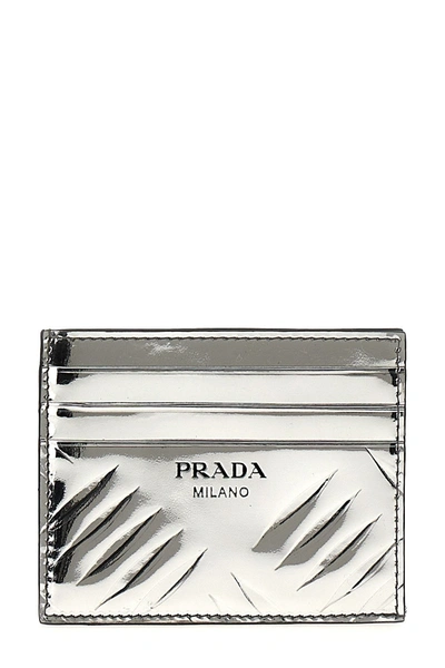Prada Men Embossed Print Card Holder In Silver