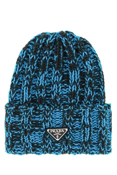 Prada Logo Triangle Knitted Beanie In Multicolor