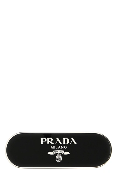 Prada Enameled Hair Clip With Logo In Black