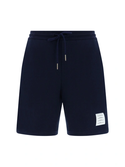 Thom Browne Drawstring Logo Patch Shorts In Blue