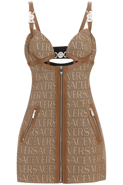 Versace Monogram Mini Dress With Leather Trims Women In Cream