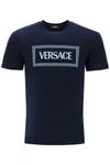 Versace T-shirt Con Logo Ricamato Men In Navy
