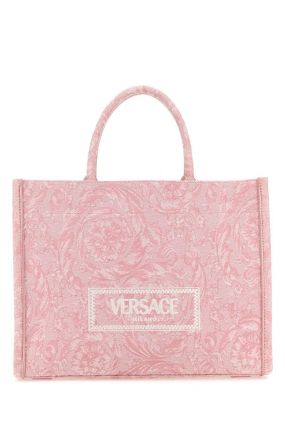 Versace Woman Embroidered Canvas Athena Barocco Shopping Bag In Pink