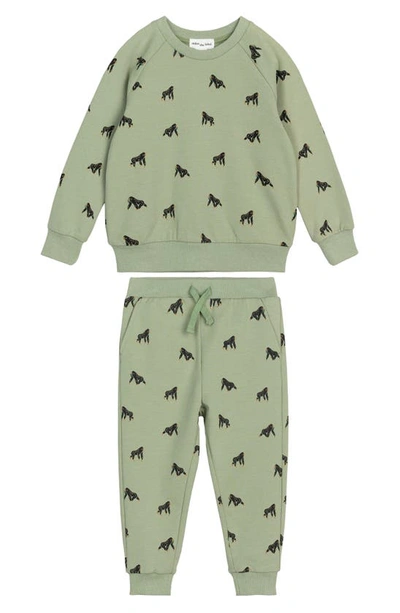 Miles The Label Babies' Gorilla Print French Terry Sweatshirt & Joggers Set In Dusty Green