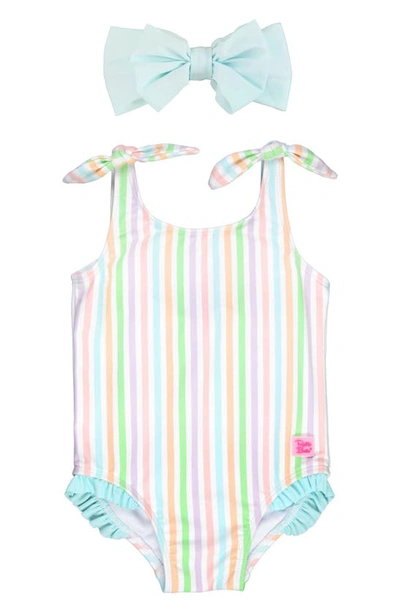 Rufflebutts Babies' Kids' Stripe One-piece Swimsuit & Headband Set In Pale Rainbow