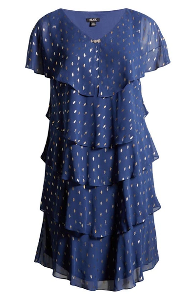 Slny Foil Print Tiered Cocktail Dress In Wedgewood