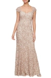 ALEX EVENINGS SOUTACHE SEQUIN LACE A-LINE GOWN WITH WRAP