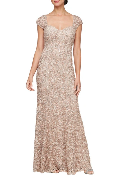 Alex Evenings Soutache Sequin Lace A-line Gown In Champagne