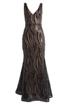Morgan & Co. Sequin Swirl Mermaid Gown In Brown