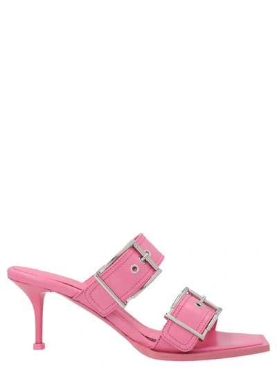 Alexander Mcqueen Punk Pink Sandals With Double Strap And Metal Buckles In Leather Woman