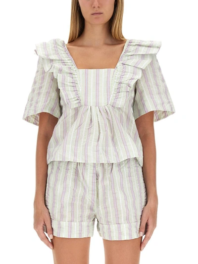 Ganni Striped Seersucker Ruffle Blouse In Multicolor