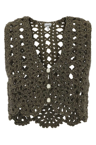 Ganni Open-knit Cotton Waistcoat Top In Black