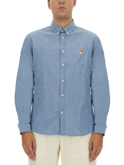 Maison Kitsuné Fox Head-patch Cotton Shirt In Blue