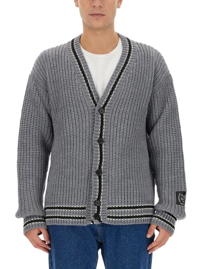 Msgm Striped-trim Buttoned Cardigan In Grey