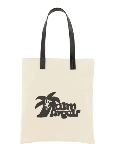 Palm Angels Cotton Canvas Shopping Bag In Blanc