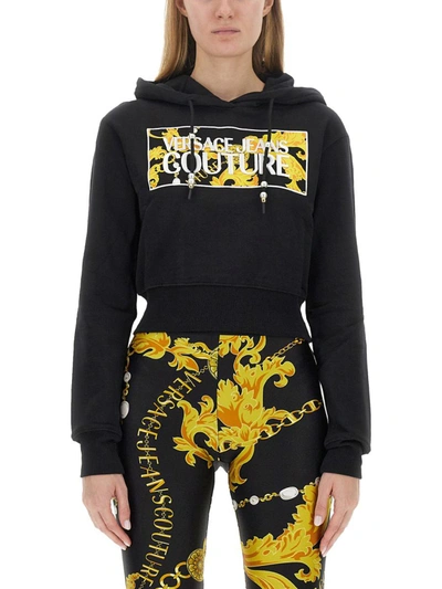 Versace Jeans Couture Logo-patch Cropped Hoodie In Black
