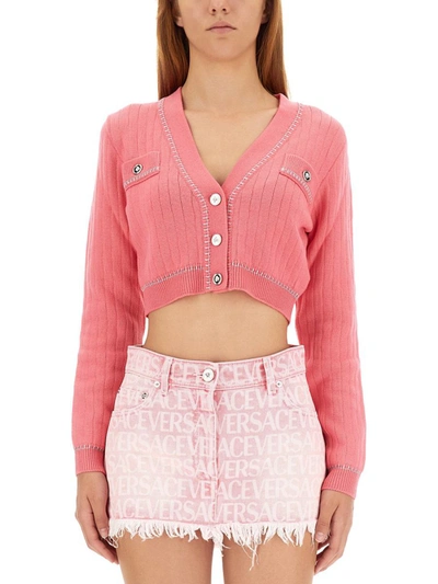 Versace Short Knitted Cardigan In Fucsia