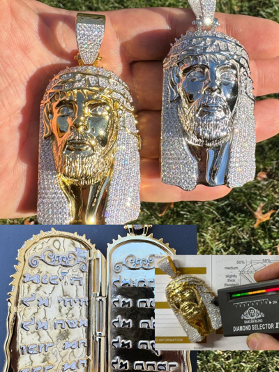 Pre-owned Harlembling Iced Moissanite Opens Up Jesus Piece Ten Commandments Solid 925 Silver / Gold In White/colorless