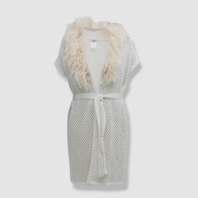 Pre-owned Neiman Marcus $795  Women's White Cashmere Mesh Feather Shawl Vest Size M