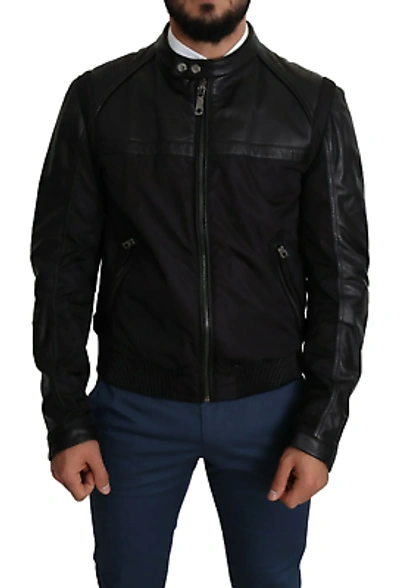 Pre-owned Dolce & Gabbana Elegant Black Bomber With Leather Accents