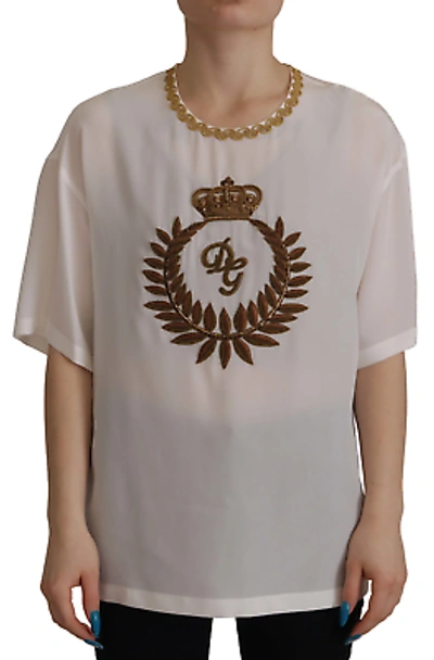 Pre-owned Dolce & Gabbana Elegant Silk Blouse With Gold Crown Embroidery In White