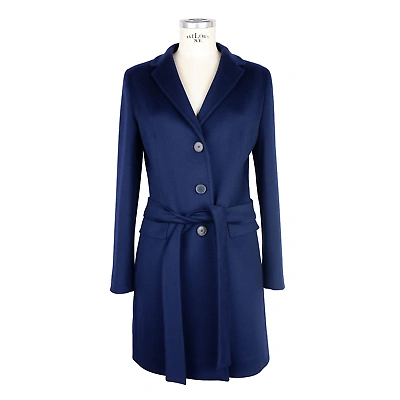 Pre-owned Made In Italy Elegant Blue Wool Coat With Tie Waist