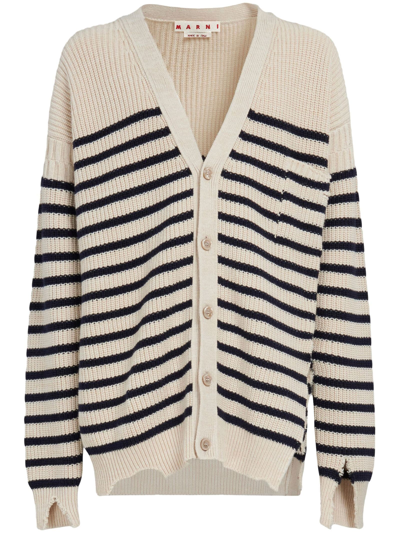 Marni Striped V-neck Cardigan In Neutrals