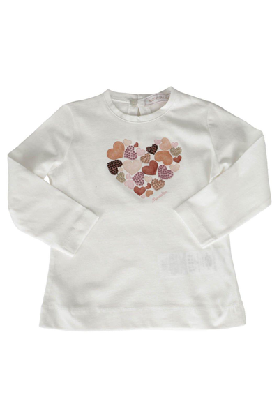 Monnalisa Babies' Rhinestone Heart Print Jersey T-shirt In Ivory
