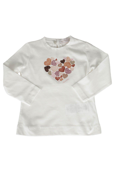 Monnalisa Babies' Rhinestone Heart Print Jersey T-shirt In Cream