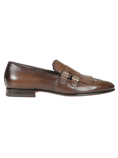 Santoni Double Strap Leather Monk Shoes In Brown