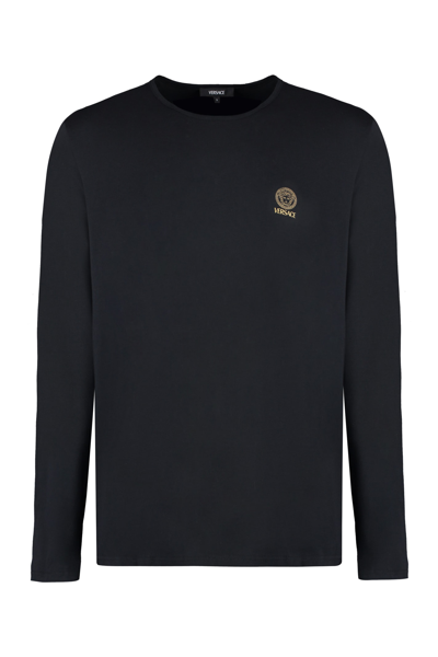 Versace Navy Medusa Long Sleeve T-shirt In Black