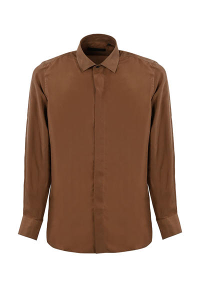 Corneliani Silk Shirt In Marrone